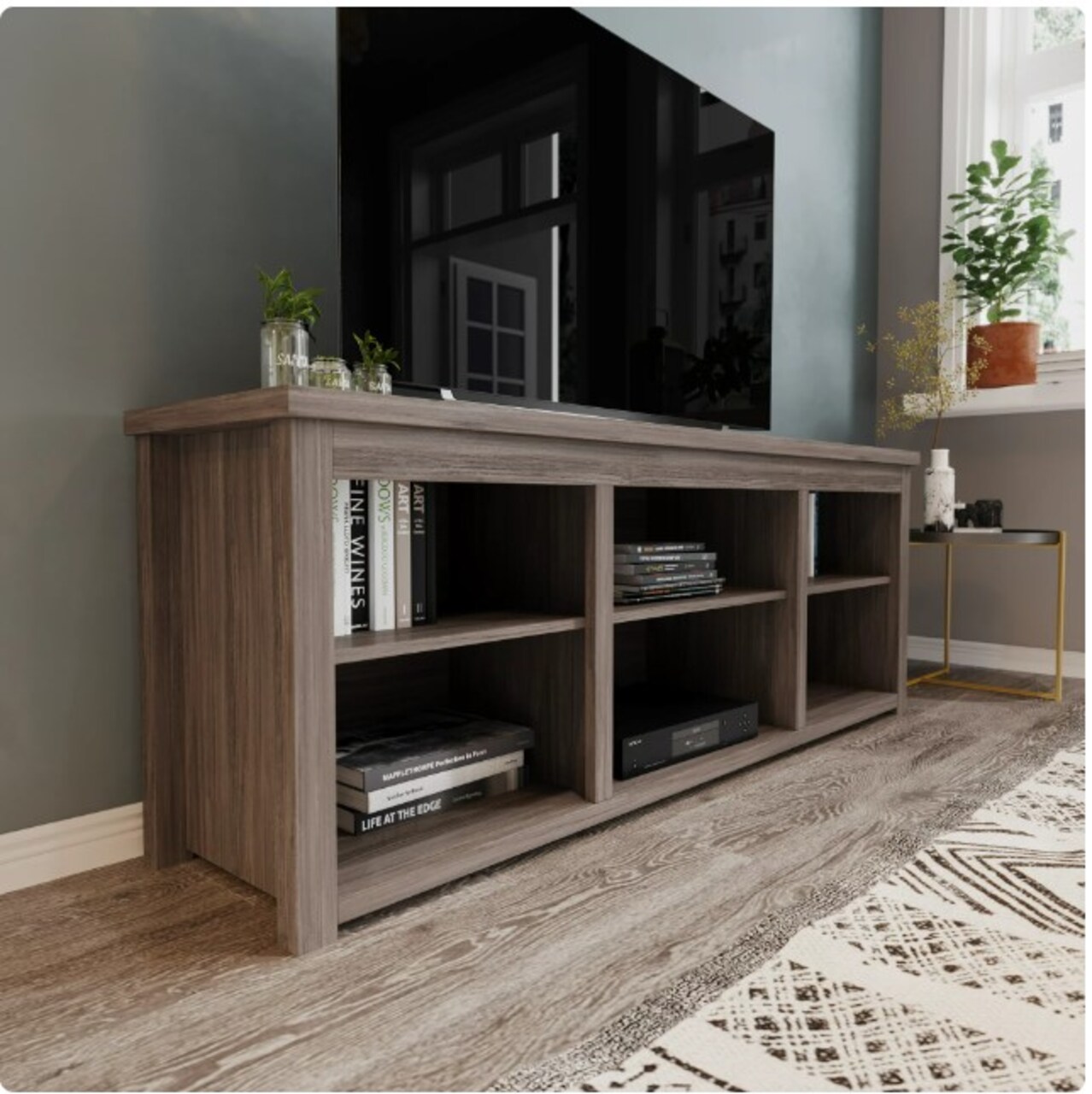 Farmhouse TV Stand for up to 80" TVs - 65" Engineered Wood Framed Media Console in Grey Wash Oak Finish with Open Storage